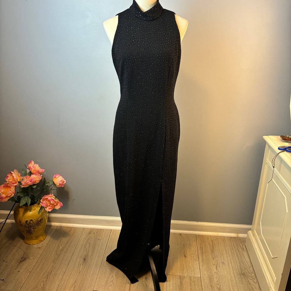 Vintage Sequin Mock High Neck Halter Formal Dress Gown Whimsigoth Black Sz 10